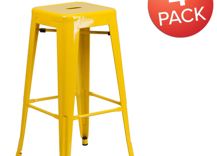 Flash Furniture Lily 4 Pack Commercial Grade 30" High Backless Yellow Metal Indoor-Outdoor Barstool with Square Seat