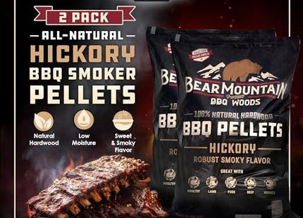 Bear Mountain 2-Pack All Natural Wood Pellets for Smoker, Grill & BBQ, 20 Lbs, Hickory - Premium Hardwood Barbecue Pellets for Indoor and Outdoor Grilling