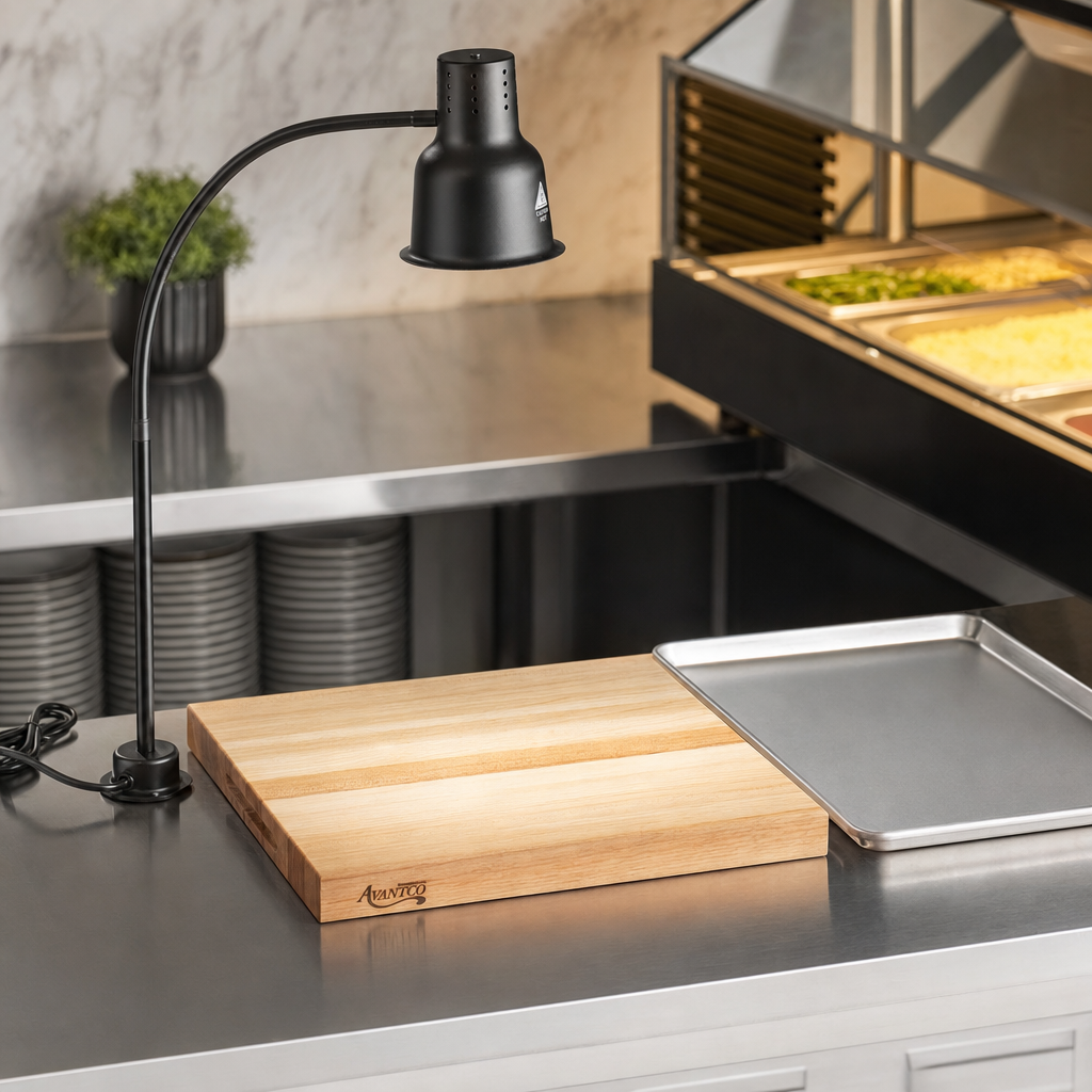 Avantco Carving Station Kit with 39" Black Heat Lamp, Cutting Board, and Drip Pan - 120V, 250W - lifestyle