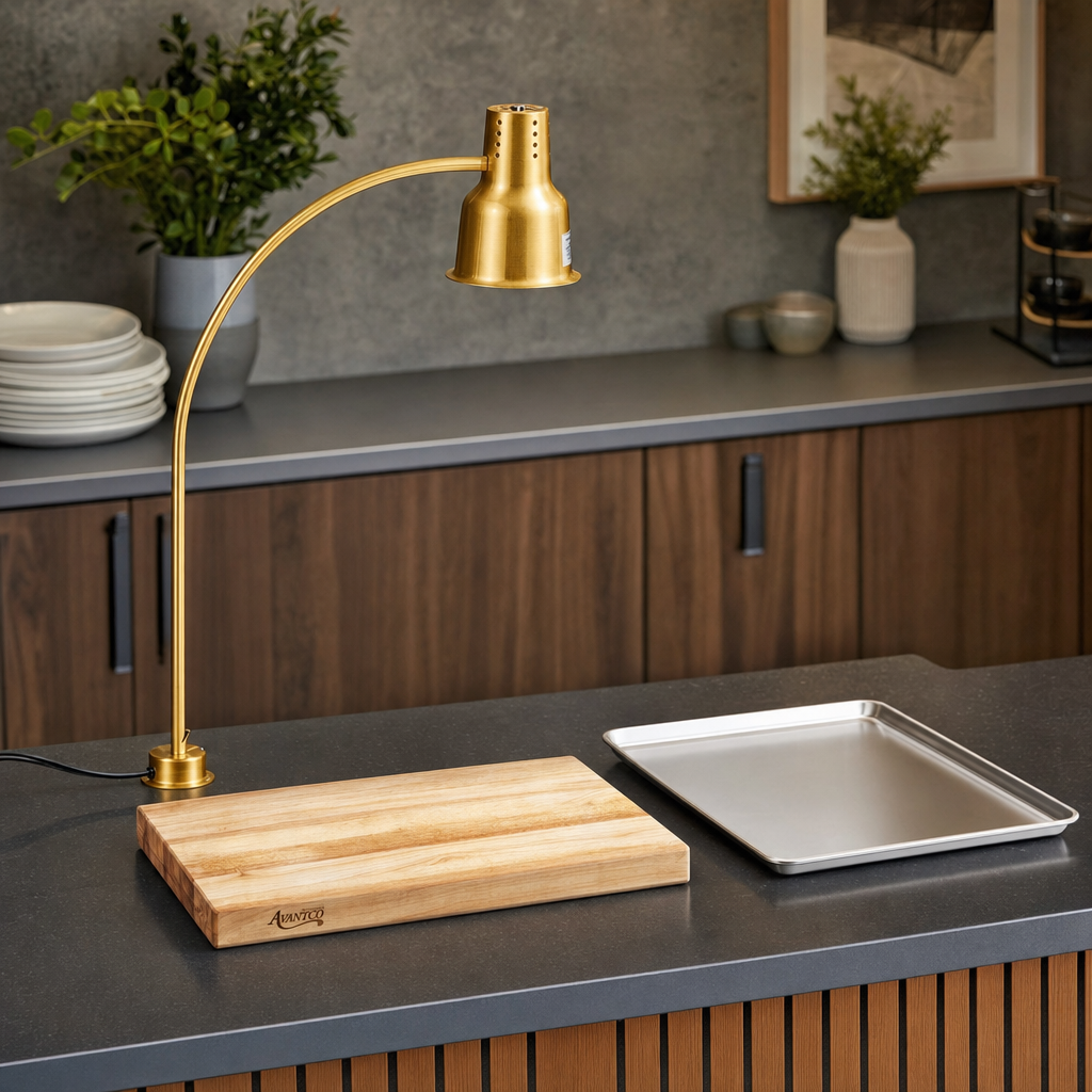 Avantco Carving Station Kit with 39" Gold Heat Lamp, Cutting Board, and Drip Pan - 120V, 250W - lifestyle