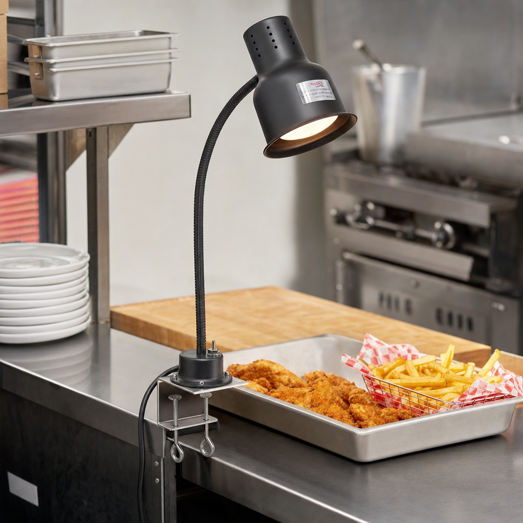 Avantco HL24BKC 24" Black Single Arm Bulb Warmer Flexible Heat Lamp with Stainless Steel Clamp - 120V, 250W - lifestyle