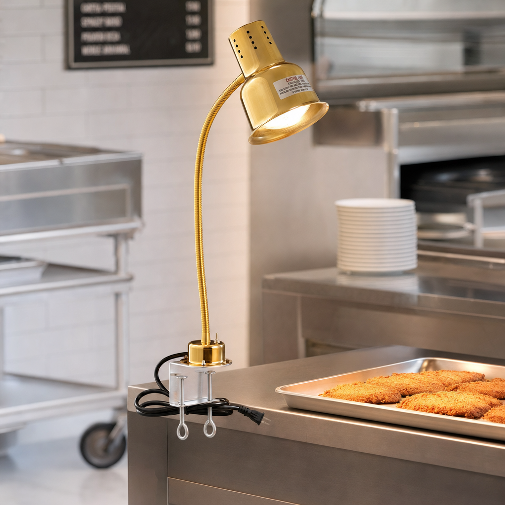 Avantco HL24GDC 24" Gold Single Arm Stainless Steel Heat Lamp with Avantco PCLMPSS Stainless Steel Clamp - 120V, 250W - lifestyle