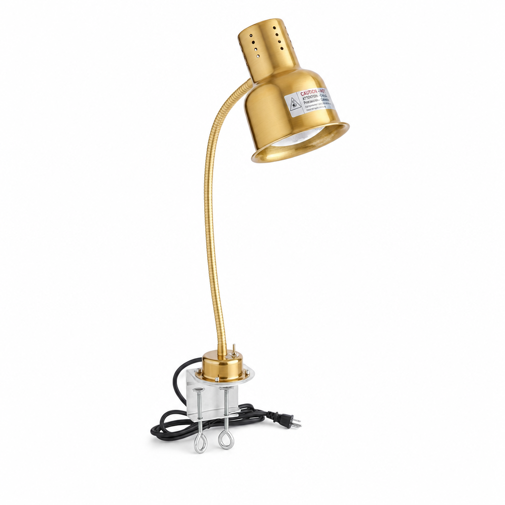 Avantco HL24GDC 24" Gold Single Arm Stainless Steel Heat Lamp with Avantco PCLMPSS Stainless Steel Clamp - 120V, 250W - main