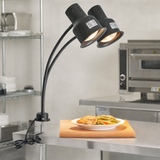Avantco HLD24BKC 24" Black Dual Arm Stainless Steel Heat Lamp with Avantco PCLMPSS Stainless Steel Clamp - 120V, 500W - lifestyle