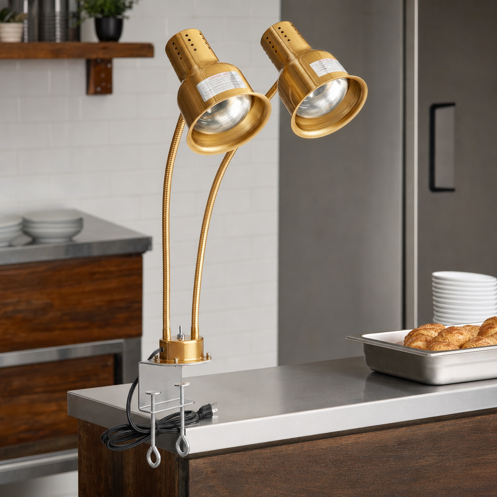Avantco HLD24GDC 24" Gold Dual Arm Stainless Steel Heat Lamp with Avantco PCLMPSS Stainless Steel Clamp - 120V, 500W - lifestyle
