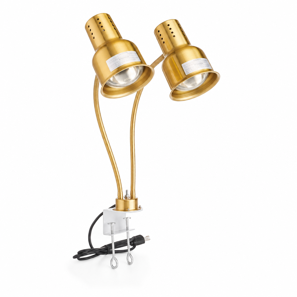 Avantco HLD24GDC 24" Gold Dual Arm Stainless Steel Heat Lamp with Avantco PCLMPSS Stainless Steel Clamp - 120V, 500W - main