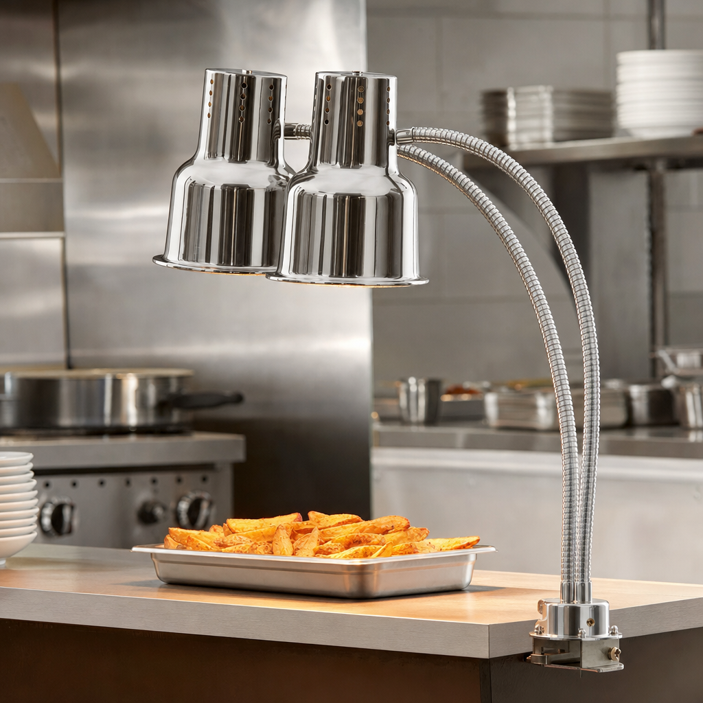 Avantco HLD24SSC 24" Dual Arm Stainless Steel Heat Lamp with Avantco PCLMPSS Stainless Steel Clamp - 120V, 500W - lifestyle