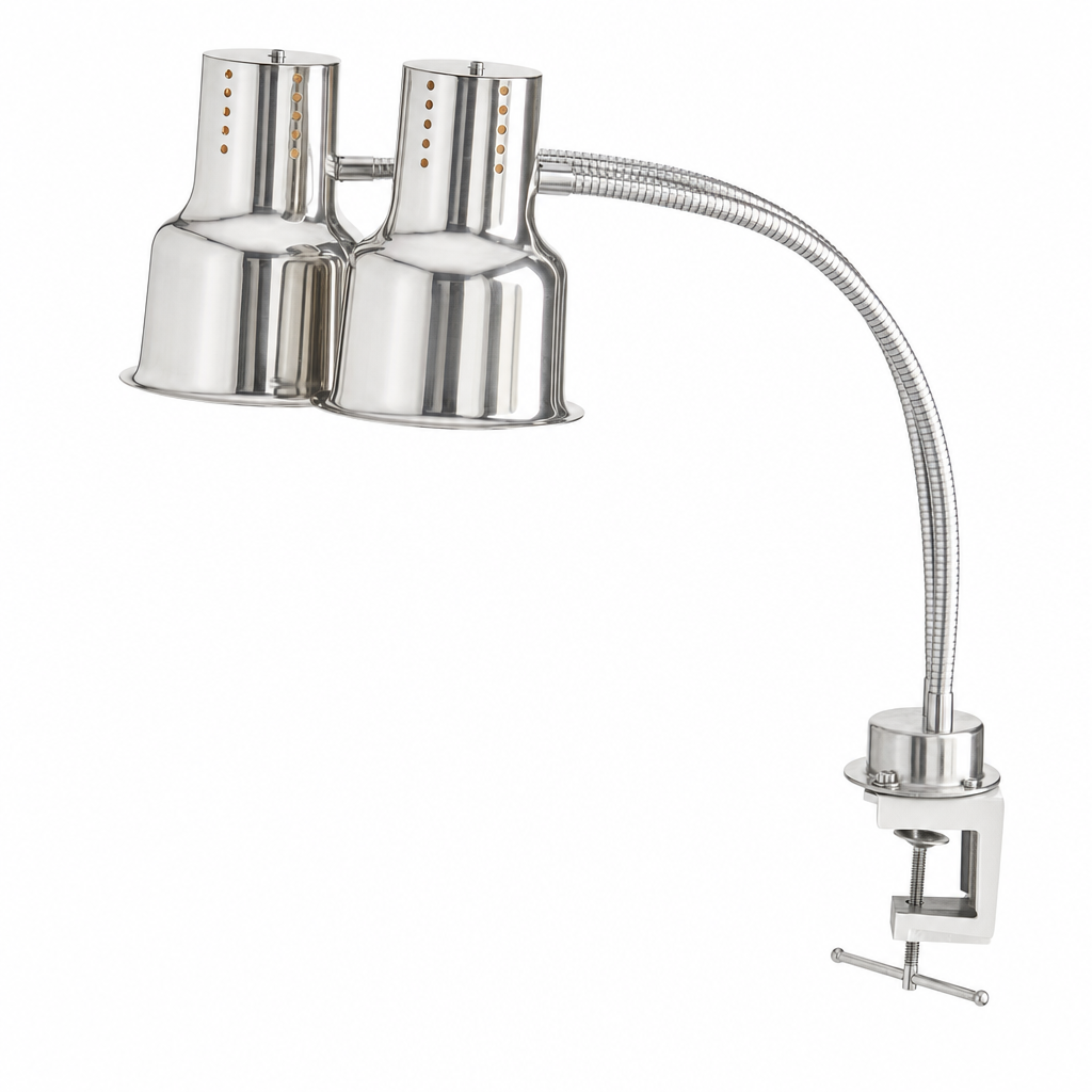 Avantco HLD24SSC 24" Dual Arm Stainless Steel Heat Lamp with Avantco PCLMPSS Stainless Steel Clamp - 120V, 500W - main
