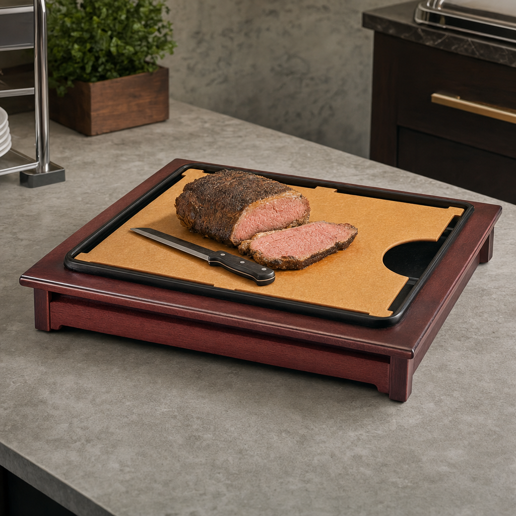 Cal-Mil 810-52 Cut-Mate Carving Station Kit with Dark Wood Frame, Drip Tray, and Cutting Board - lifestyle