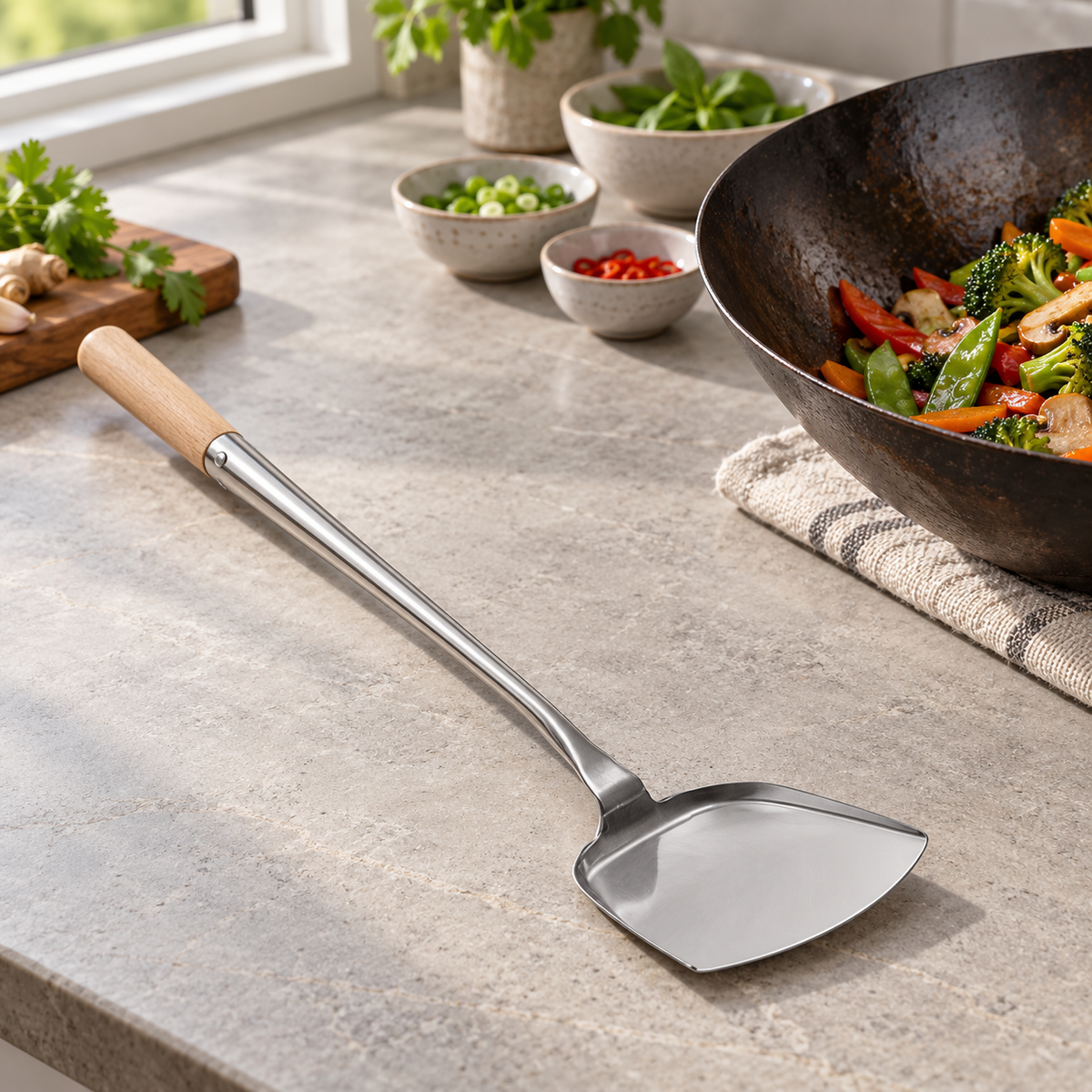 Large Stainless Steel Wok Spatula, 19-Inch, Wood Handle - lifestyle