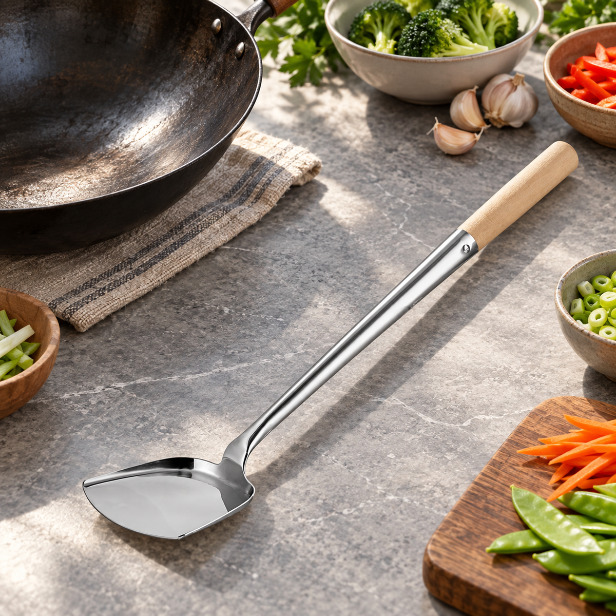 Medium Stainless Steel Wok Spatula, 17 3/4-Inch, Wood Handle - lifestyle