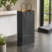 Black Paper Shopping Bag with Paper Handles, 5 1/2" x 3 1/4" x 13 1/8", 65 lb., 250/Case - lifestyle