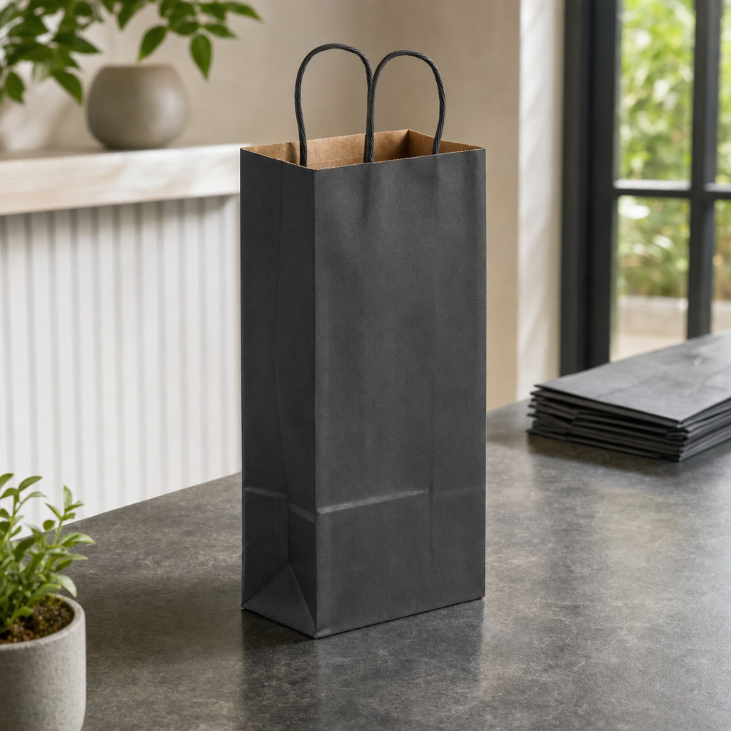 Black Paper Shopping Bag with Paper Handles, 5 1/2" x 3 1/4" x 13 1/8", 65 lb., 250/Case - lifestyle