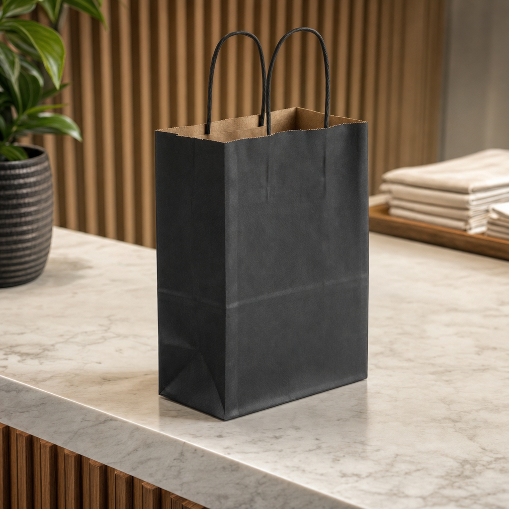 Black Paper Shopping Bag with Paper Handles, 5 1/2" x 3 1/4" x 8 3/8", 60 lb., 250/Case - lifestyle