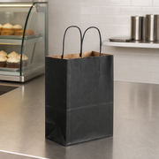Black Paper Shopping Bag with Paper Handles, 5 1/2" x 3 1/4" x 8 3/8", 60 lb., 250/Case - lifestyle