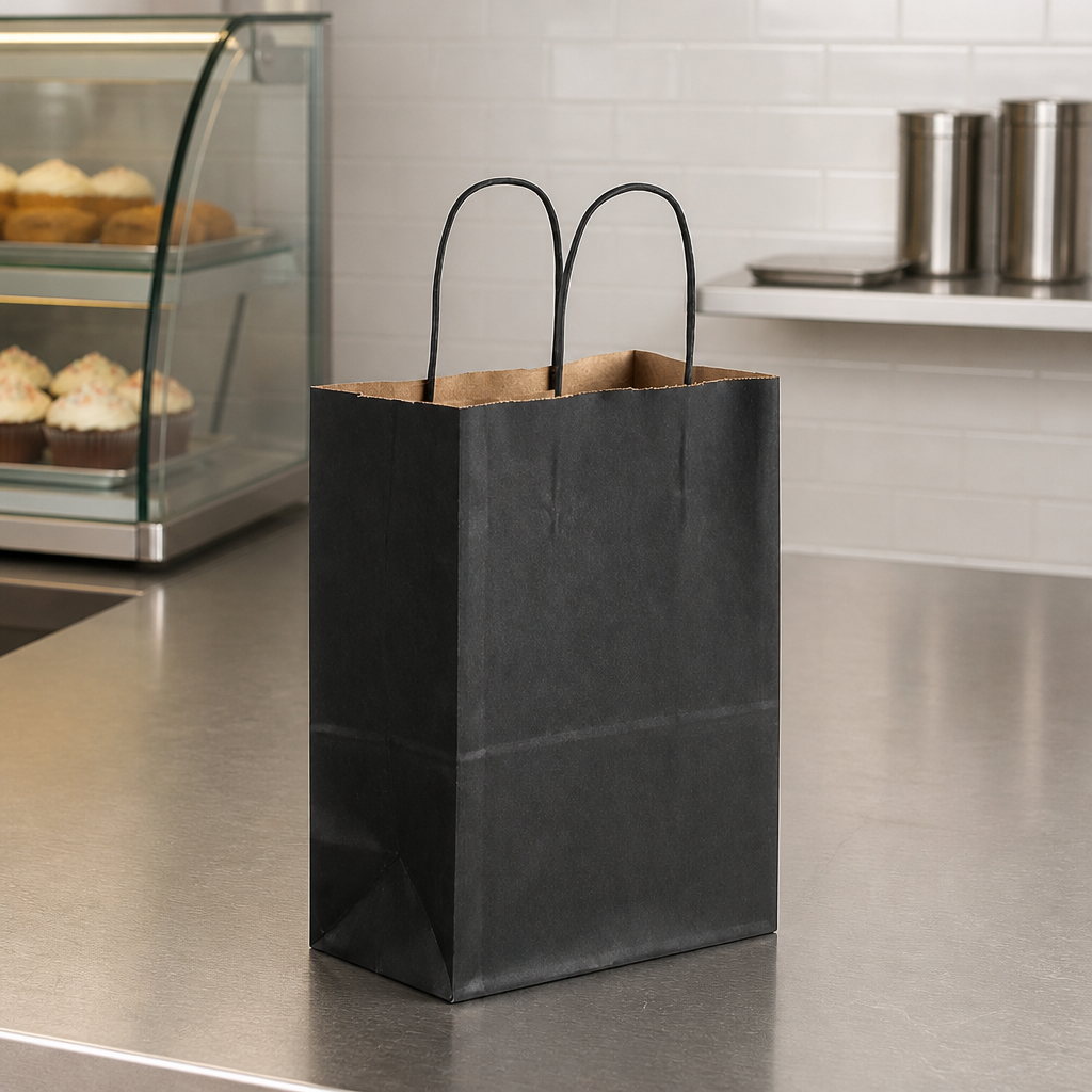 Black Paper Shopping Bag with Paper Handles, 5 1/2" x 3 1/4" x 8 3/8", 60 lb., 250/Case - lifestyle
