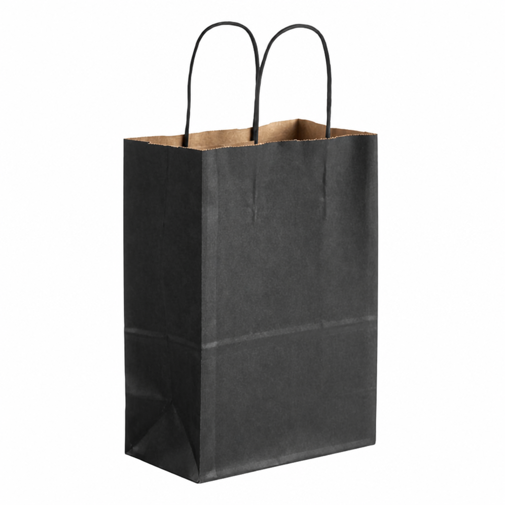 Black Paper Shopping Bag with Paper Handles, 5 1/2" x 3 1/4" x 8 3/8", 60 lb., 250/Case - main