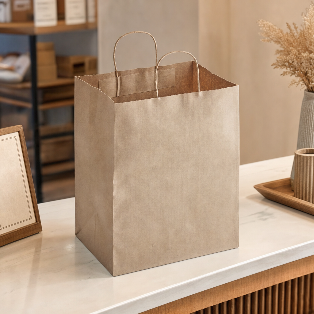 Brown Paper Shopping Bag with Paper Handles, 10" x 6 3/4" x 12", 60 lb., 250/Case - lifestyle