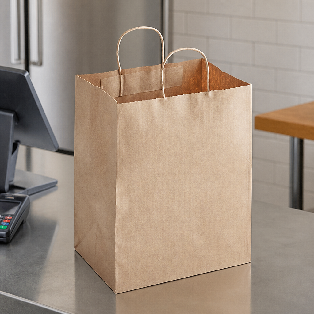 Brown Paper Shopping Bag with Paper Handles, 10" x 6 3/4" x 12", 60 lb., 250/Case - lifestyle