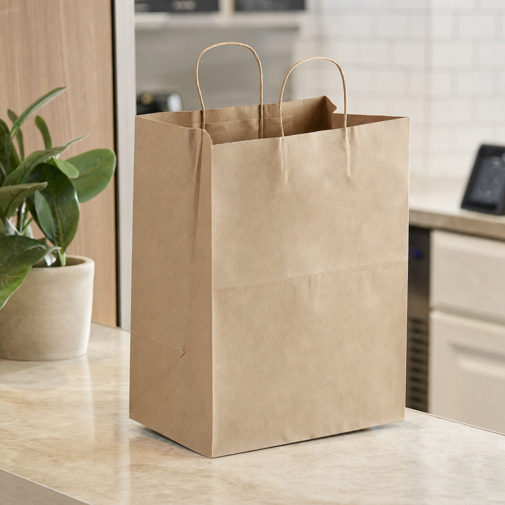 Brown Paper Shopping Bag with Paper Handles, 12" x 9" x 15 3/4" – 200/Case - lifestyle