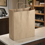 Brown Paper Shopping Bag with Paper Handles, 13" x 6" x 15 3/4", 60 lb., 250/Case - lifestyle
