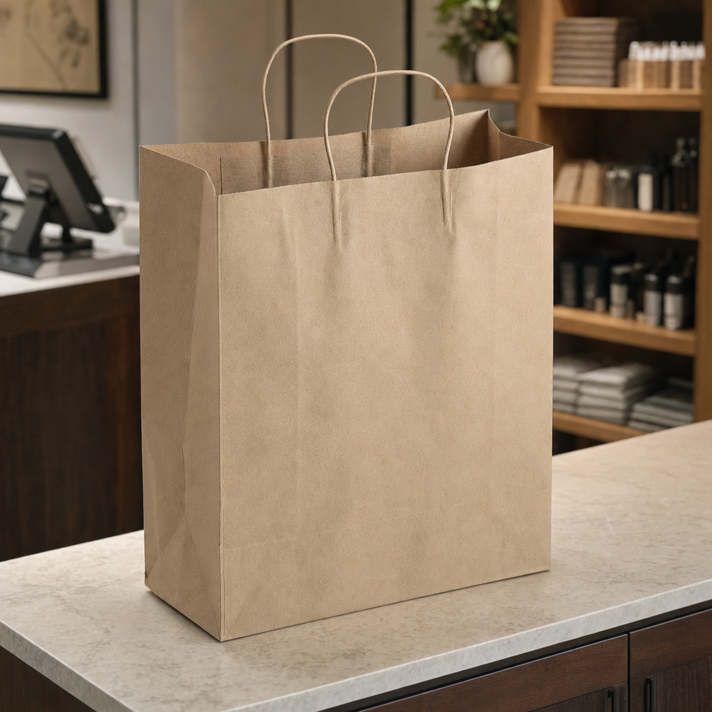 Brown Paper Shopping Bag with Paper Handles, 13" x 6" x 15 3/4", 60 lb., 250/Case - lifestyle