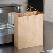 Brown Paper Shopping Bag with Paper Handles, 13" x 6" x 15 3/4", 60 lb., 250/Case - lifestyle