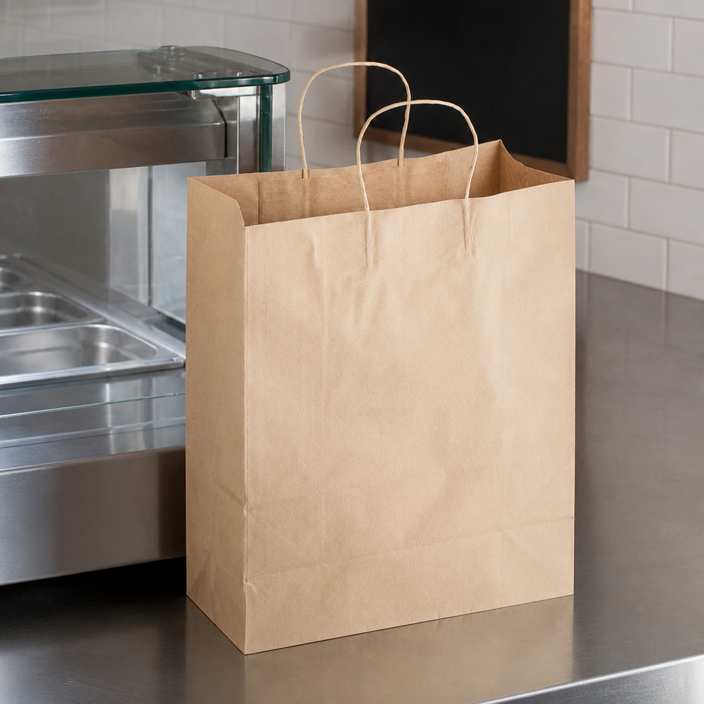 Brown Paper Shopping Bag with Paper Handles, 13" x 6" x 15 3/4", 60 lb., 250/Case - lifestyle