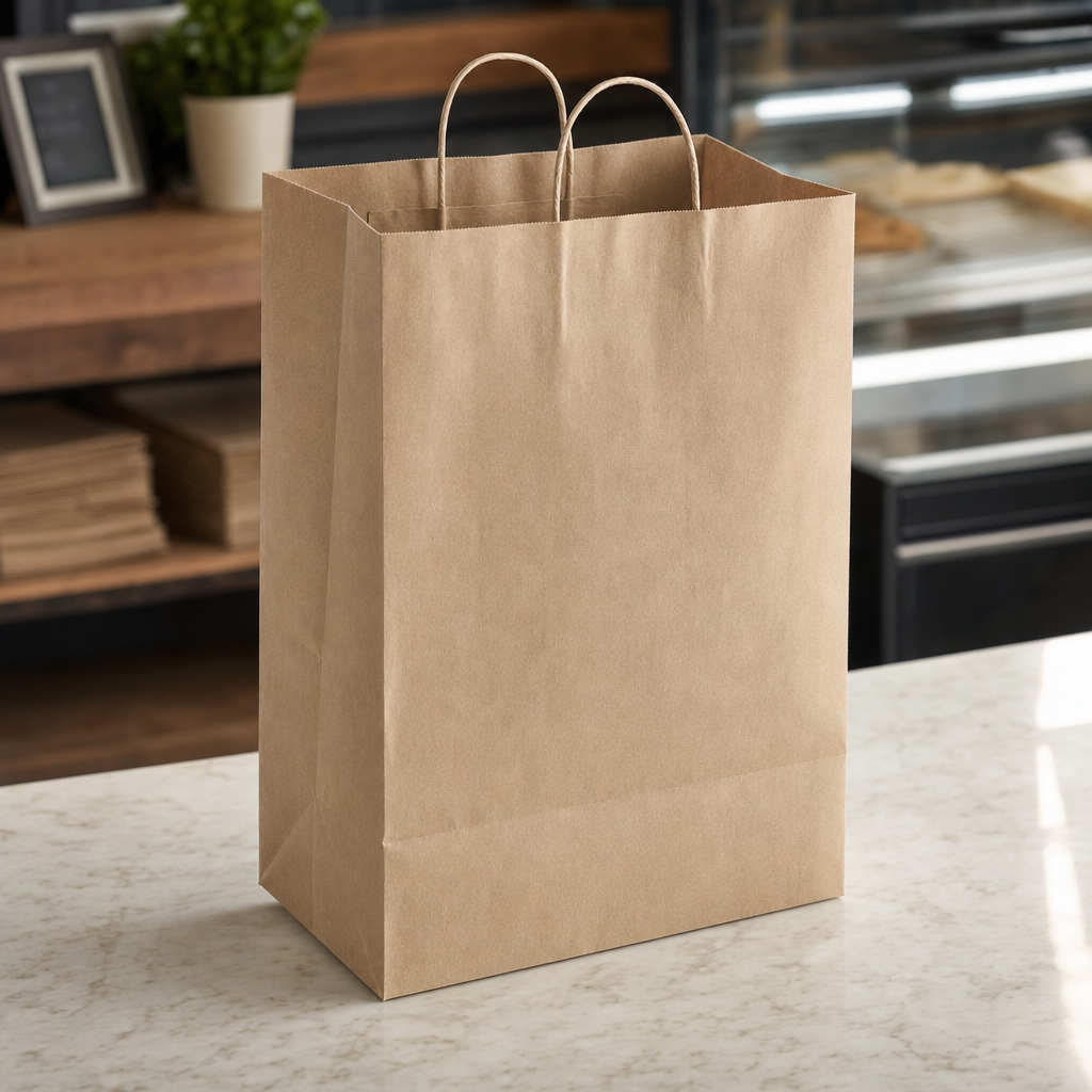 Brown Paper Shopping Bag with Paper Handles, 13" x 7" x 17", 65 lb., 250/Case - lifestyle