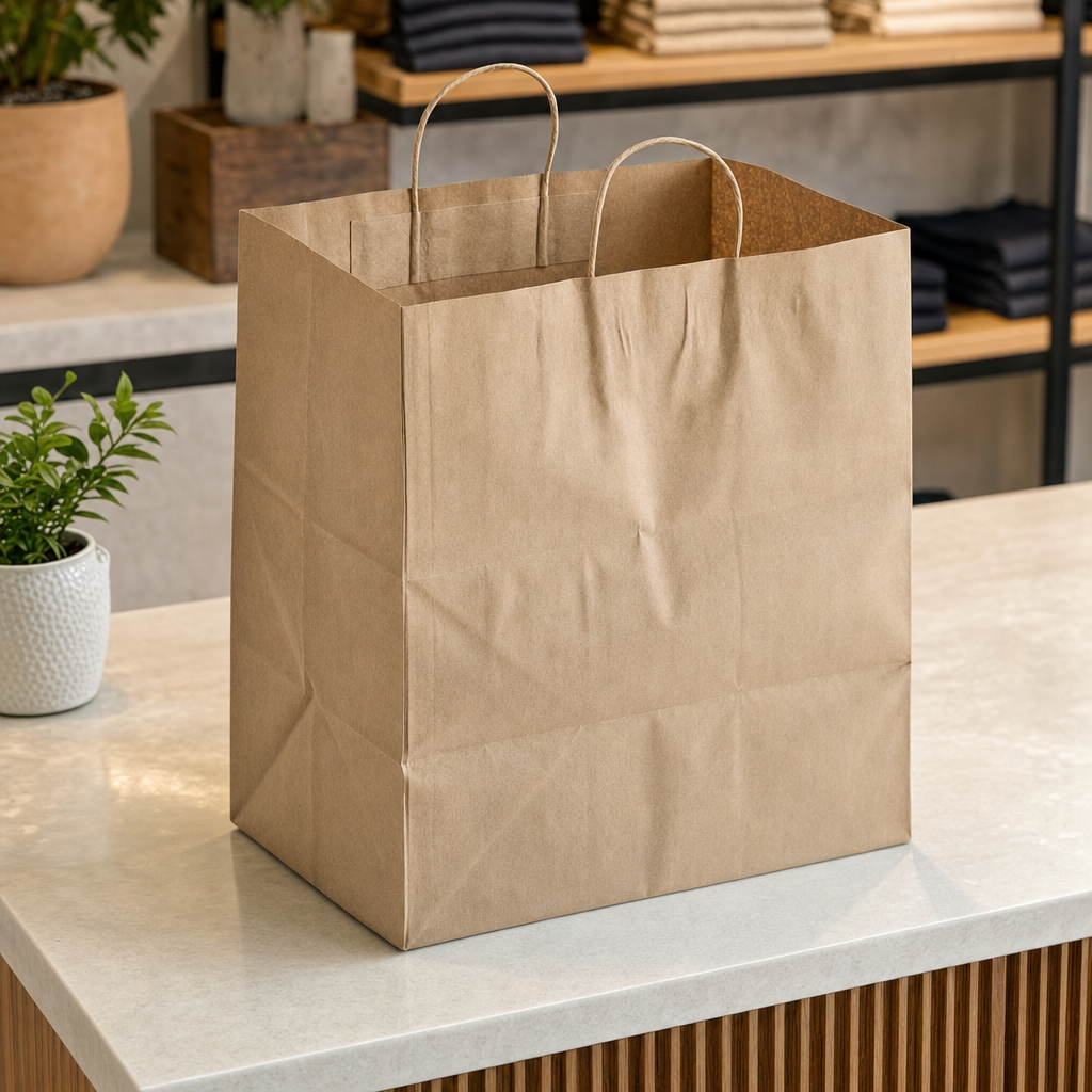 Brown Paper Shopping Bag with Paper Handles, 14" x 10" x 15 3/4", 70 lb., 200/Case - lifestyle