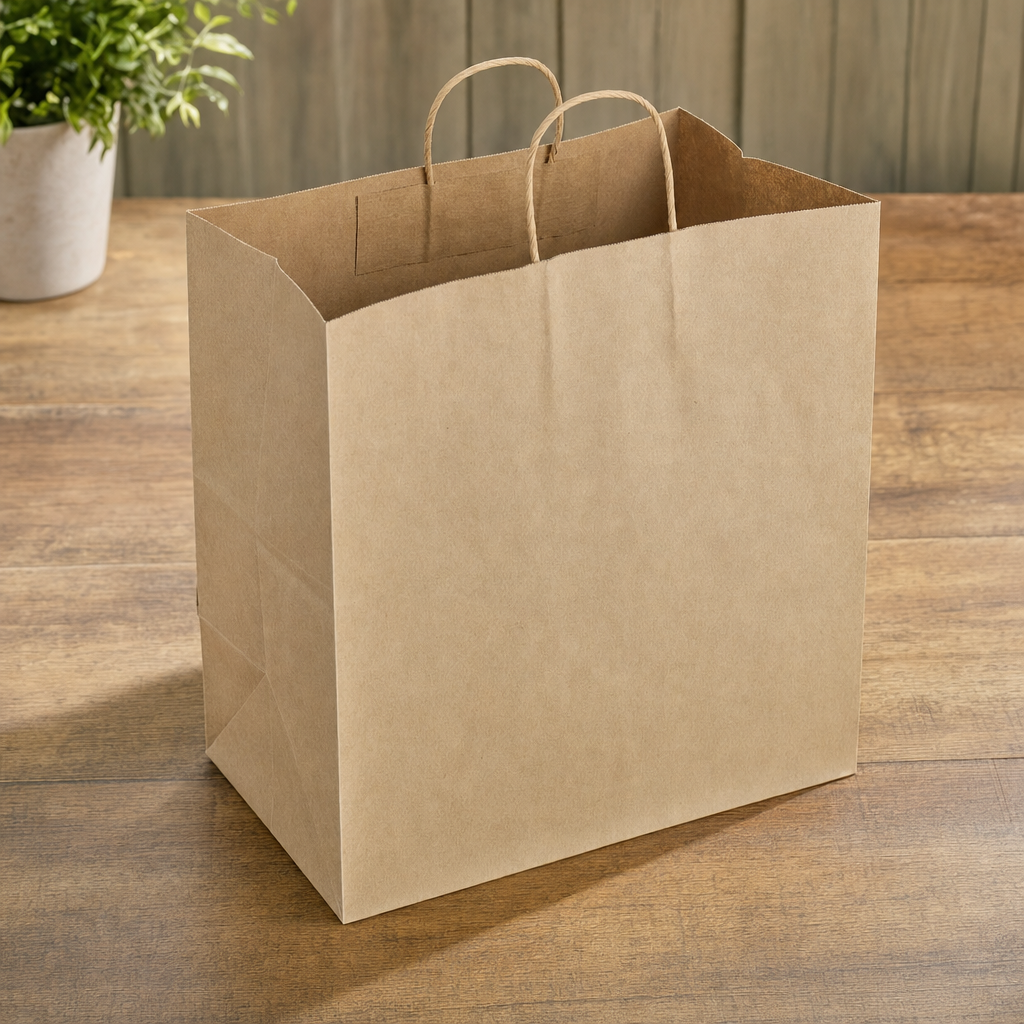 Paper Shopping Bag with Paper Handles, 14" x 8" x 14 3/4", Brown, 65 lb., 200/Case - lifestyle