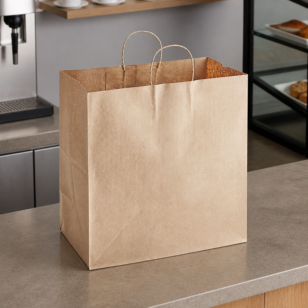 Paper Shopping Bag with Paper Handles, 14" x 8" x 14 3/4", Brown, 65 lb., 200/Case - lifestyle