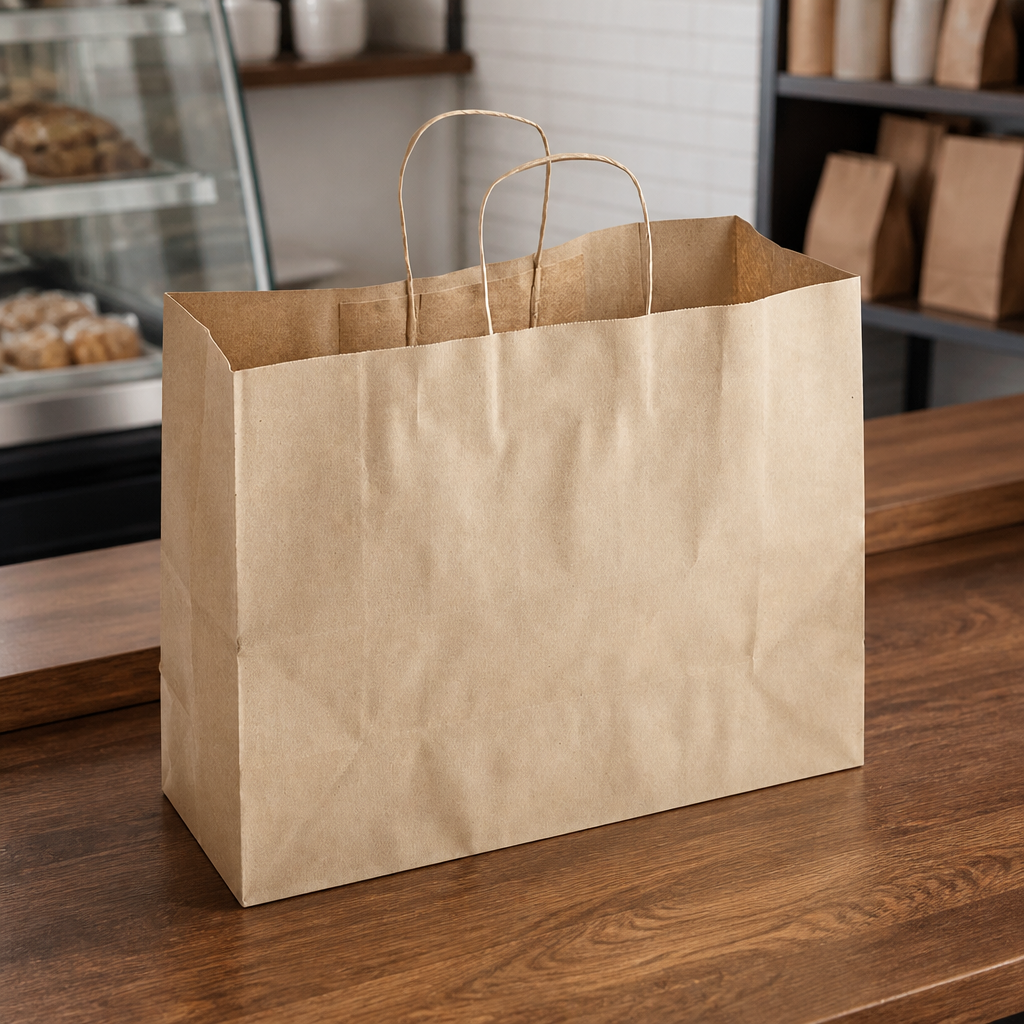 Brown Paper Shopping Bag with Paper Handles, 16" x 6" x 12", 65 lb., 250/Case - lifestyle