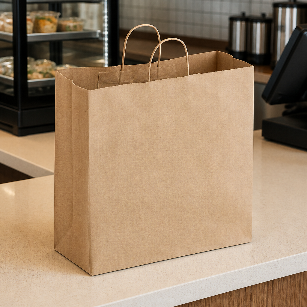 Paper Shopping Bag with Paper Handles, Brown, 16" x 6" x 15 3/4", 65 lb., 200/Case - lifestyle