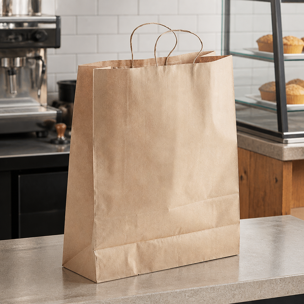 Paper Shopping Bag with Paper Handles, Brown, 16" x 6" x 19 1/4", 65 lb., 200/Case - lifestyle