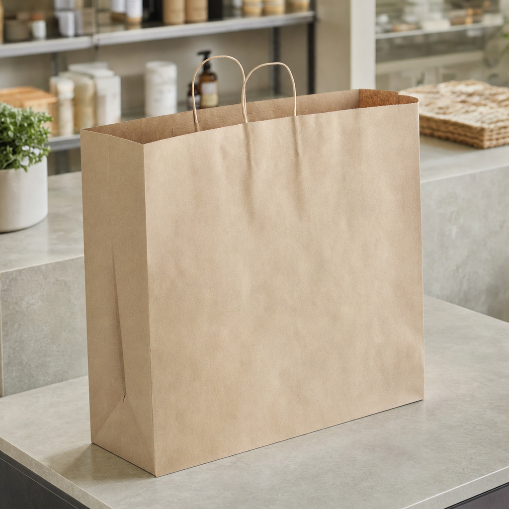 Paper Shopping Bag with Paper Handles, Brown, 18" x 7" x 18 3/4", 70 lb., 200/Case - lifestyle