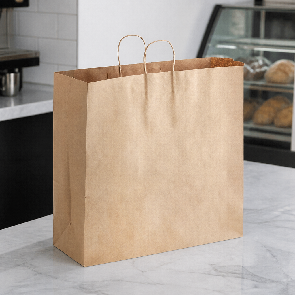 Paper Shopping Bag with Paper Handles, Brown, 18" x 7" x 18 3/4", 70 lb., 200/Case - lifestyle