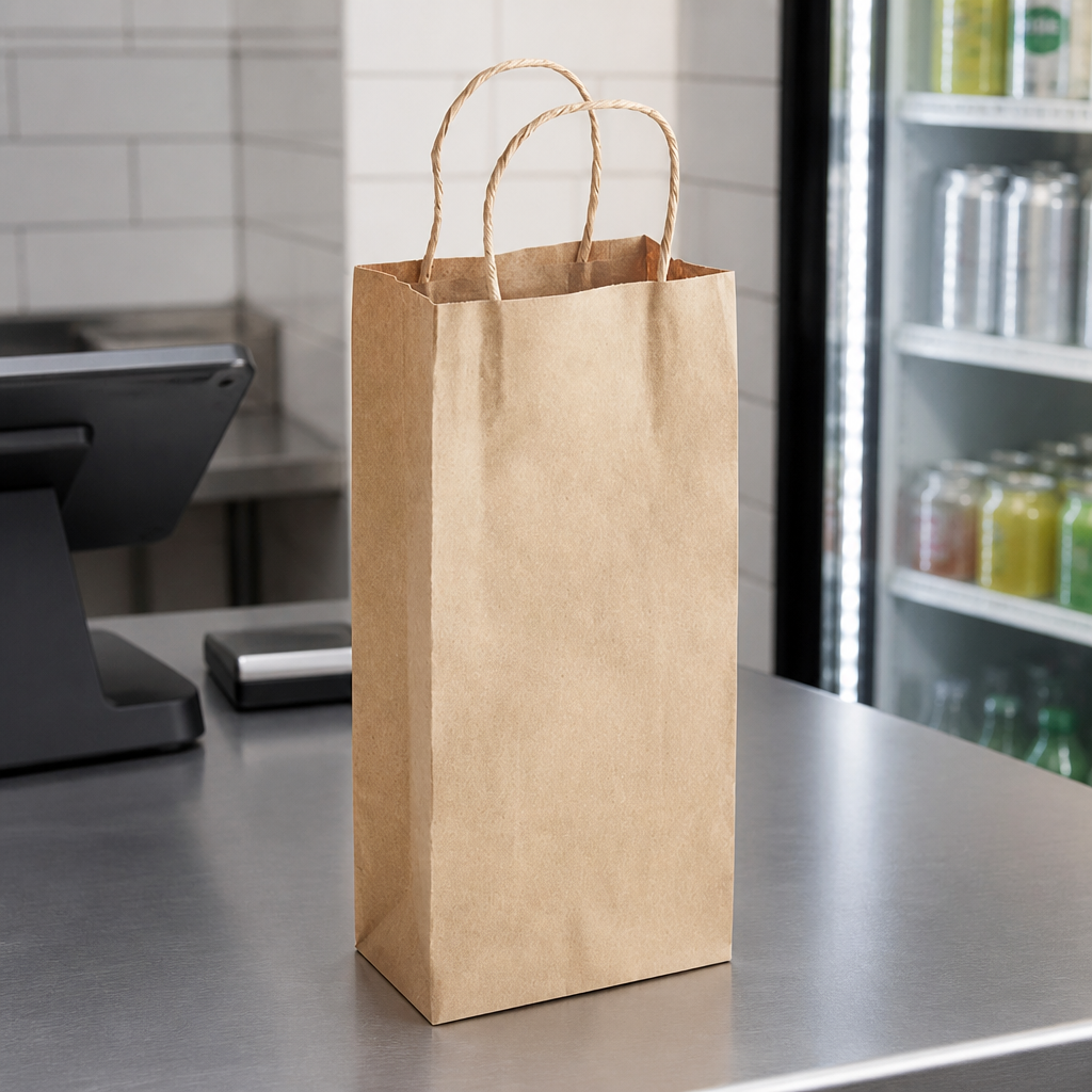 Brown Paper Shopping Bag with Paper Handles, 5 1/2" x 3 1/4" x 13 1/8", 65 lb., 250/Case - lifestyle