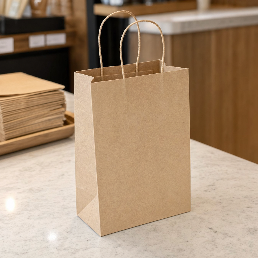 Brown Paper Shopping Bag with Paper Handles, 5 1/2" x 3 1/4" x 8 3/8", 60 lb., 250/Case - lifestyle