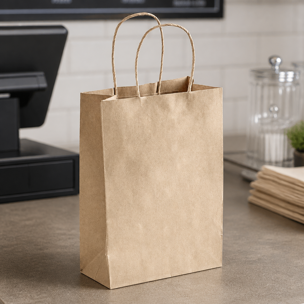 Brown Paper Shopping Bag with Paper Handles, 5 1/2" x 3 1/4" x 8 3/8", 60 lb., 250/Case - lifestyle