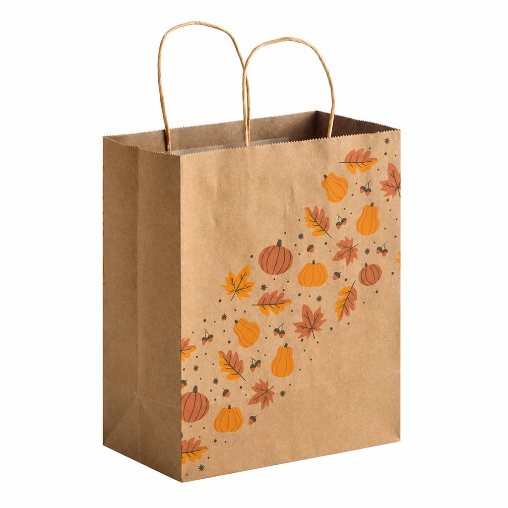 Paper Shopping Bag with Paper Handles, Autumn, 8" x 4 1/2" x 10 1/4", 60 lb., 250/Case - main