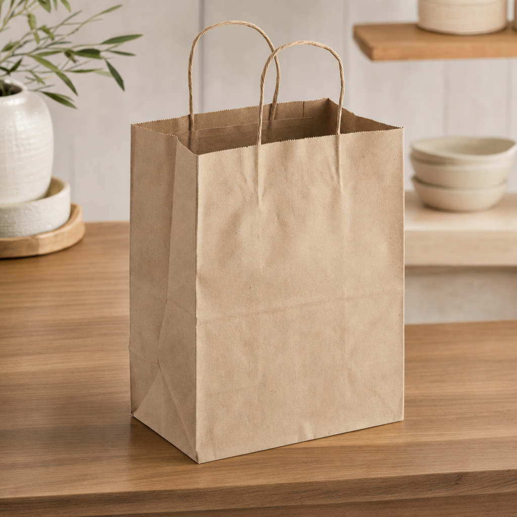Brown Paper Shopping Bag with Paper Handles, 8" x 4 1/2" x 10 1/4", 60 lb., 250/Case - lifestyle