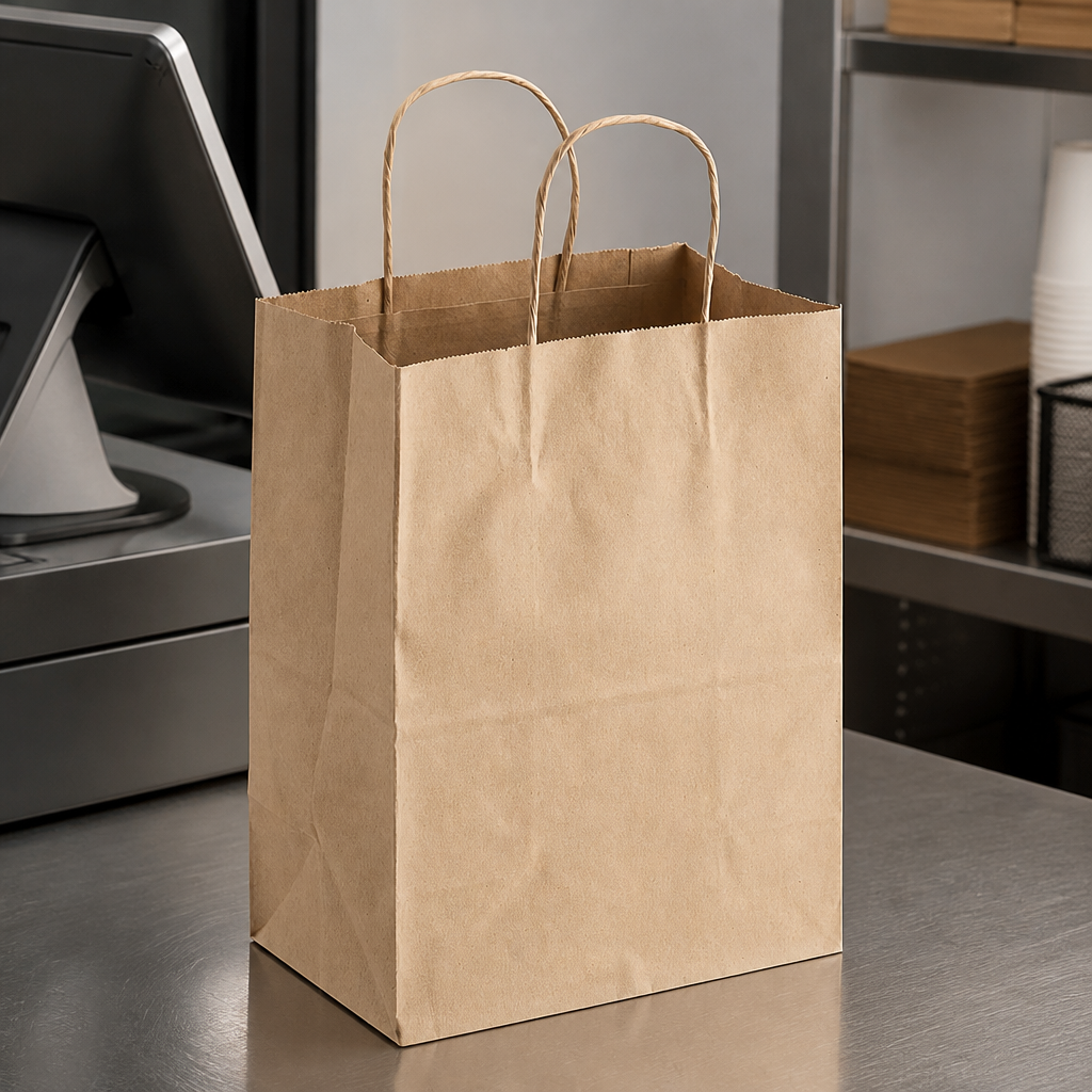 Brown Paper Shopping Bag with Paper Handles, 8" x 4 1/2" x 10 1/4", 60 lb., 250/Case - lifestyle
