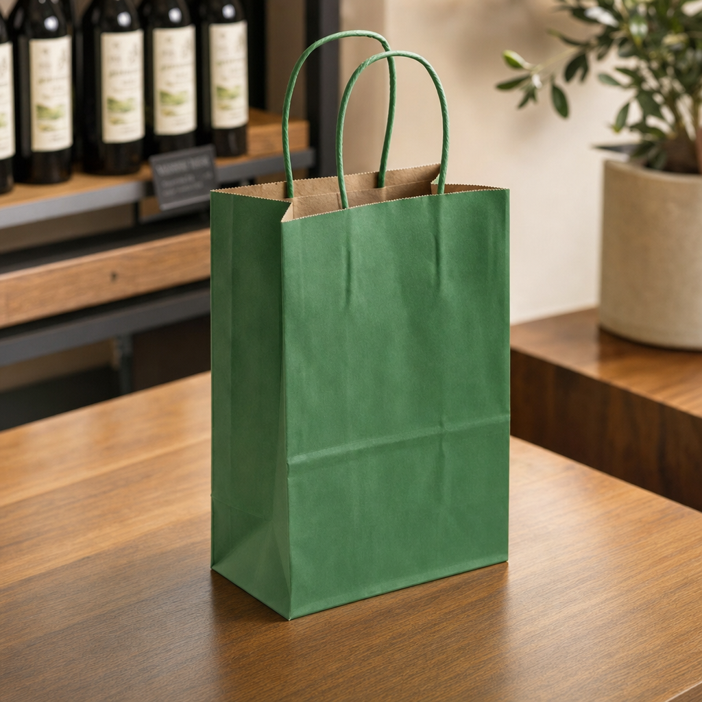Green Paper Shopping Bag with Paper Handles, 5 1/2" x 3 1/4" x 8 3/8", 60 lb., 250/Case - lifestyle