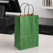 Green Paper Shopping Bag with Paper Handles, 5 1/2" x 3 1/4" x 8 3/8", 60 lb., 250/Case - lifestyle