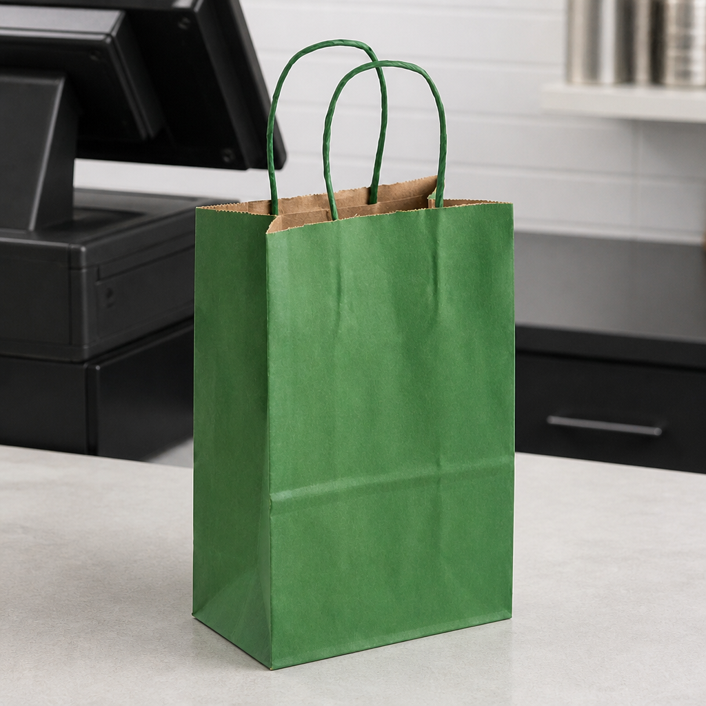Green Paper Shopping Bag with Paper Handles, 5 1/2" x 3 1/4" x 8 3/8", 60 lb., 250/Case - lifestyle