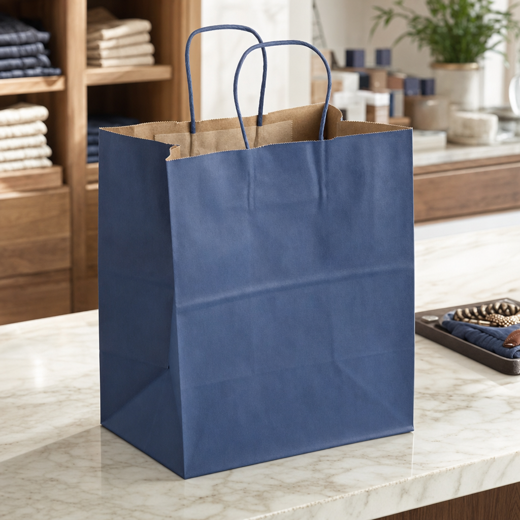 Navy Blue Paper Shopping Bag with Paper Handles, 10" x 6 3/4" x 12", 60 lb., 250/Case - lifestyle