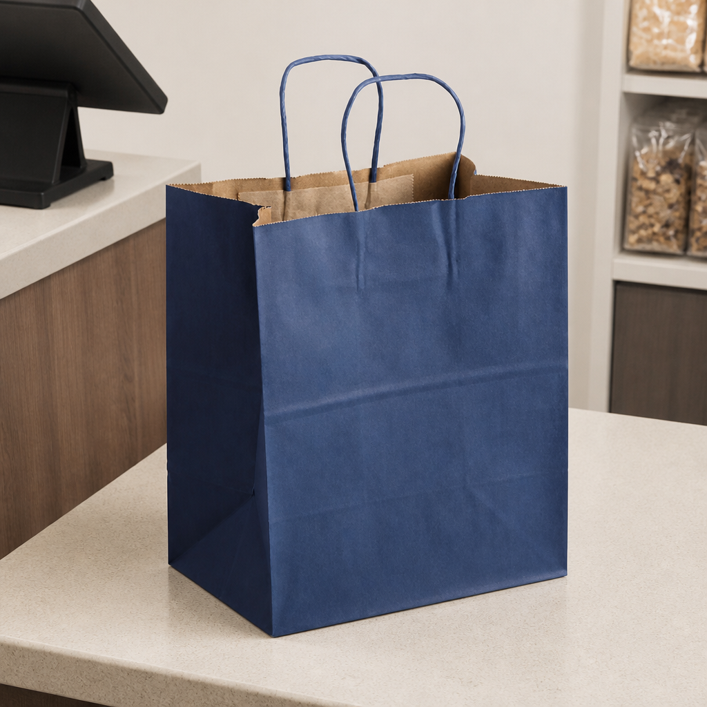 Navy Blue Paper Shopping Bag with Paper Handles, 10" x 6 3/4" x 12", 60 lb., 250/Case - lifestyle