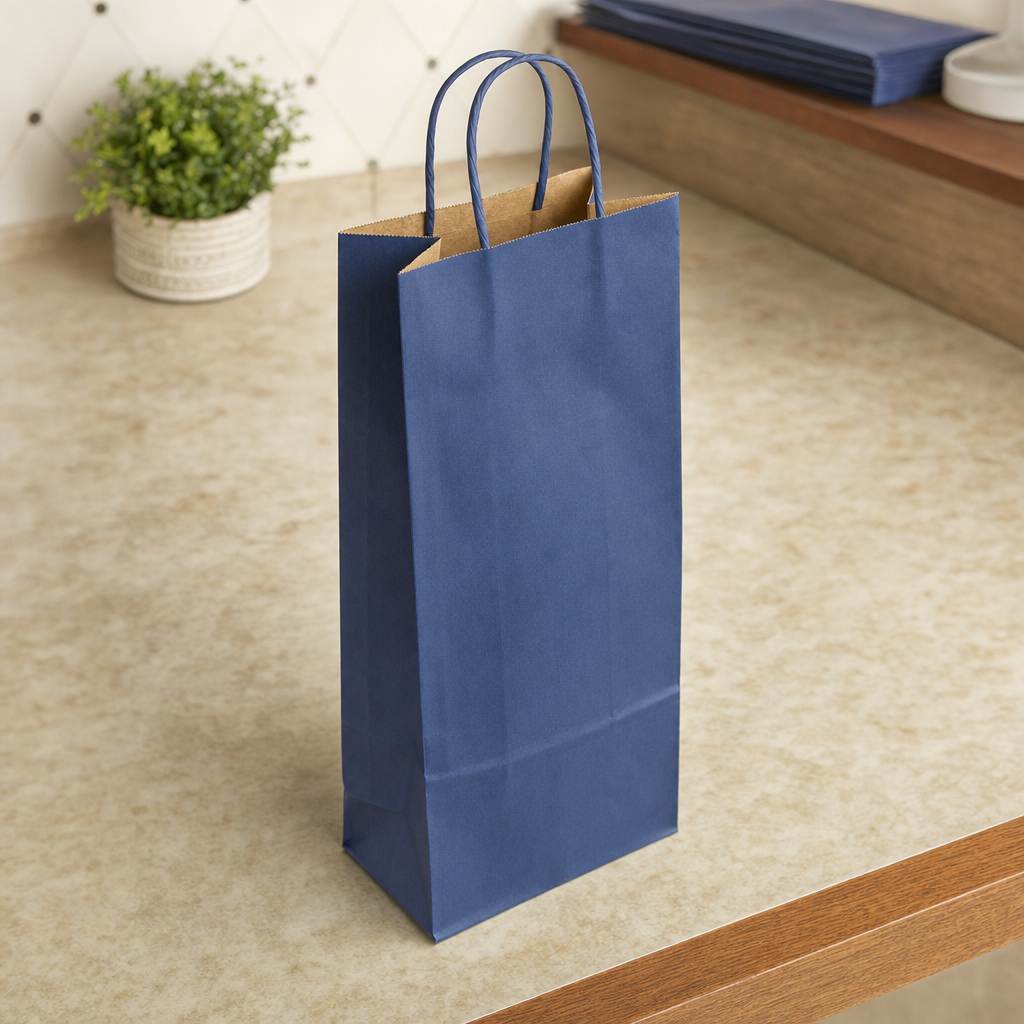 Paper Shopping Bag with Paper Handles, Navy Blue, 5 1/2" x 3 1/4" x 13 1/8", 65 lb., 250/Case - lifestyle