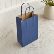 Navy Blue Paper Shopping Bag with Paper Handles, 5 1/2" x 3 1/4" x 8 3/8", 250/Case - lifestyle